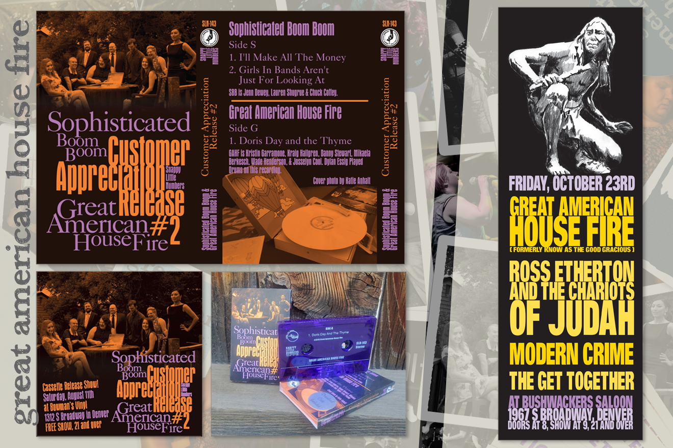 Cover artwork for the Great American House Fire cassette split with Sophistocated Boom Boom.  On the right is a flyer for a show with The Chariots of Judah and Modern Crime