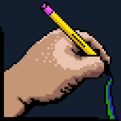 An original pixel-art illustration of a hand holding a pencil.  The pencil is leaving a blue and green trail as it writes.  This image links to the Design (Visual) portfolio page.