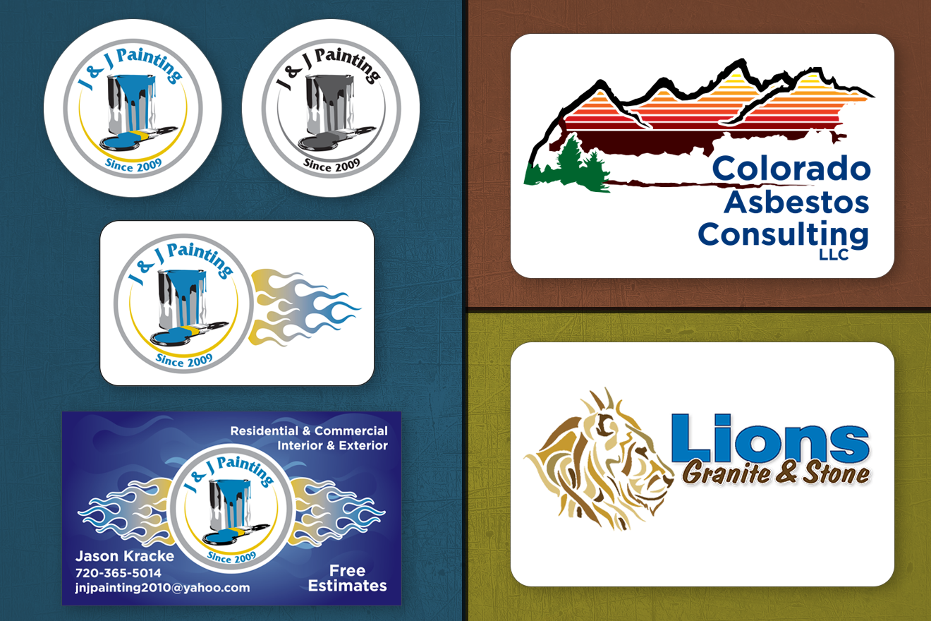 Logo designs for J&J Painting, Colorado Asbestos Consulting LLC, and Lions Granite & Stone