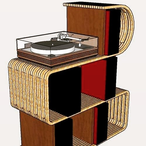An image of a Danish modern style record shelf design  modeled in Sketchup