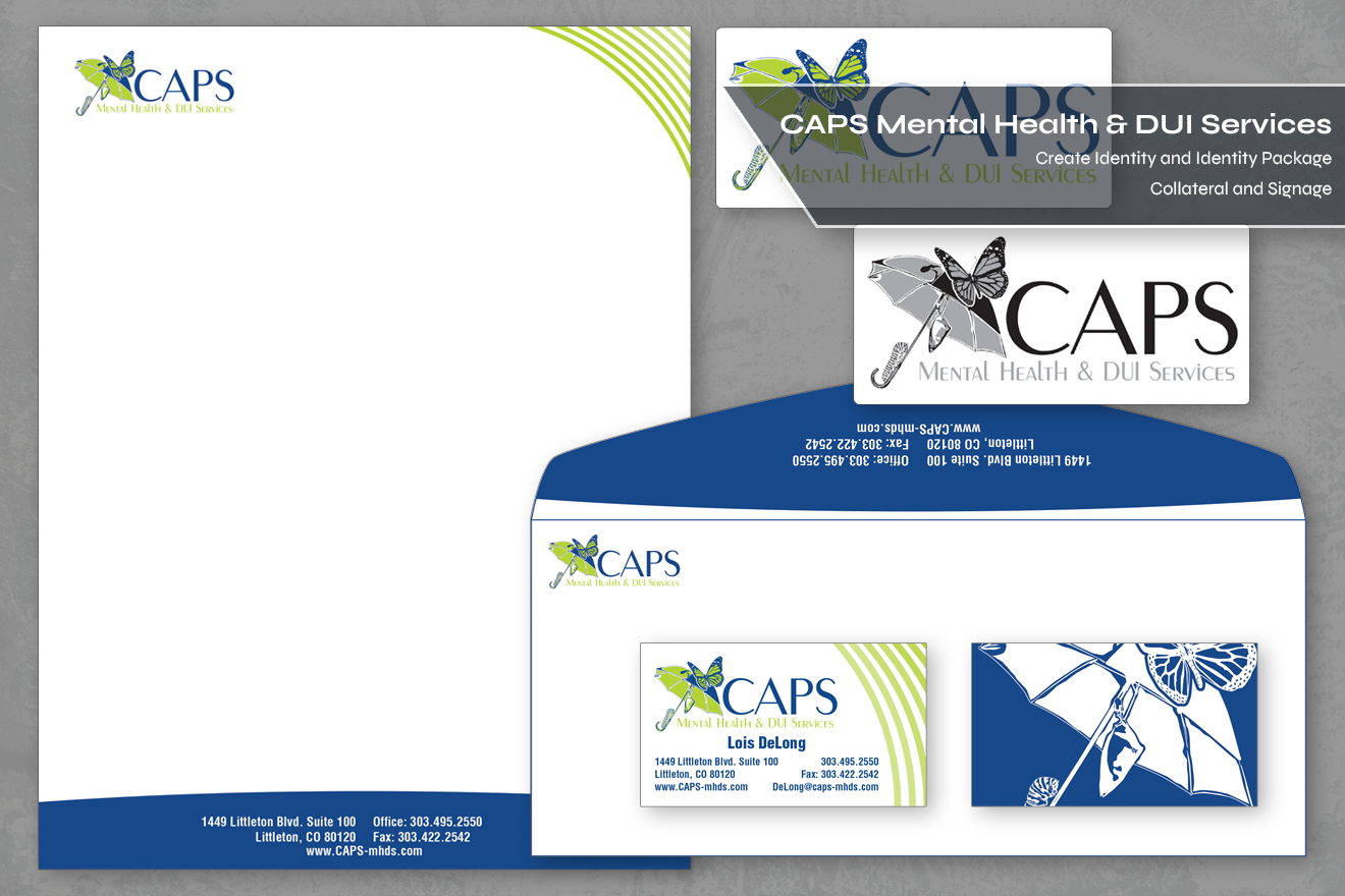 The cover image for the CAPS Mental Health & DUI Services page.  The image is of the identity package and business paper set with a bar describing what was done: Create Identity and Identity Package, Collateral, and Signage