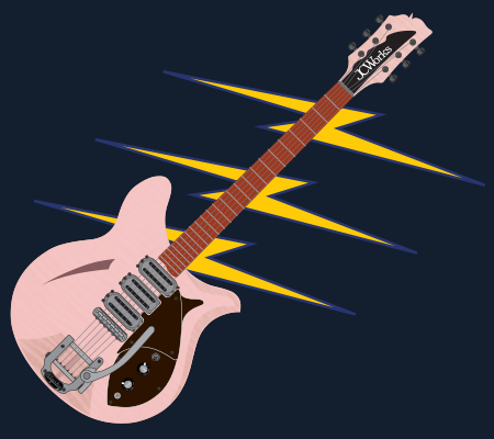 An Original Illustration of a Josselyn Cool Guitar Works prototype guitar in the style of a Rickenbacker 360. The guitar is pink and has 3 lightning bolts behind it.  This image links you to the Music (Audio) portfolio.