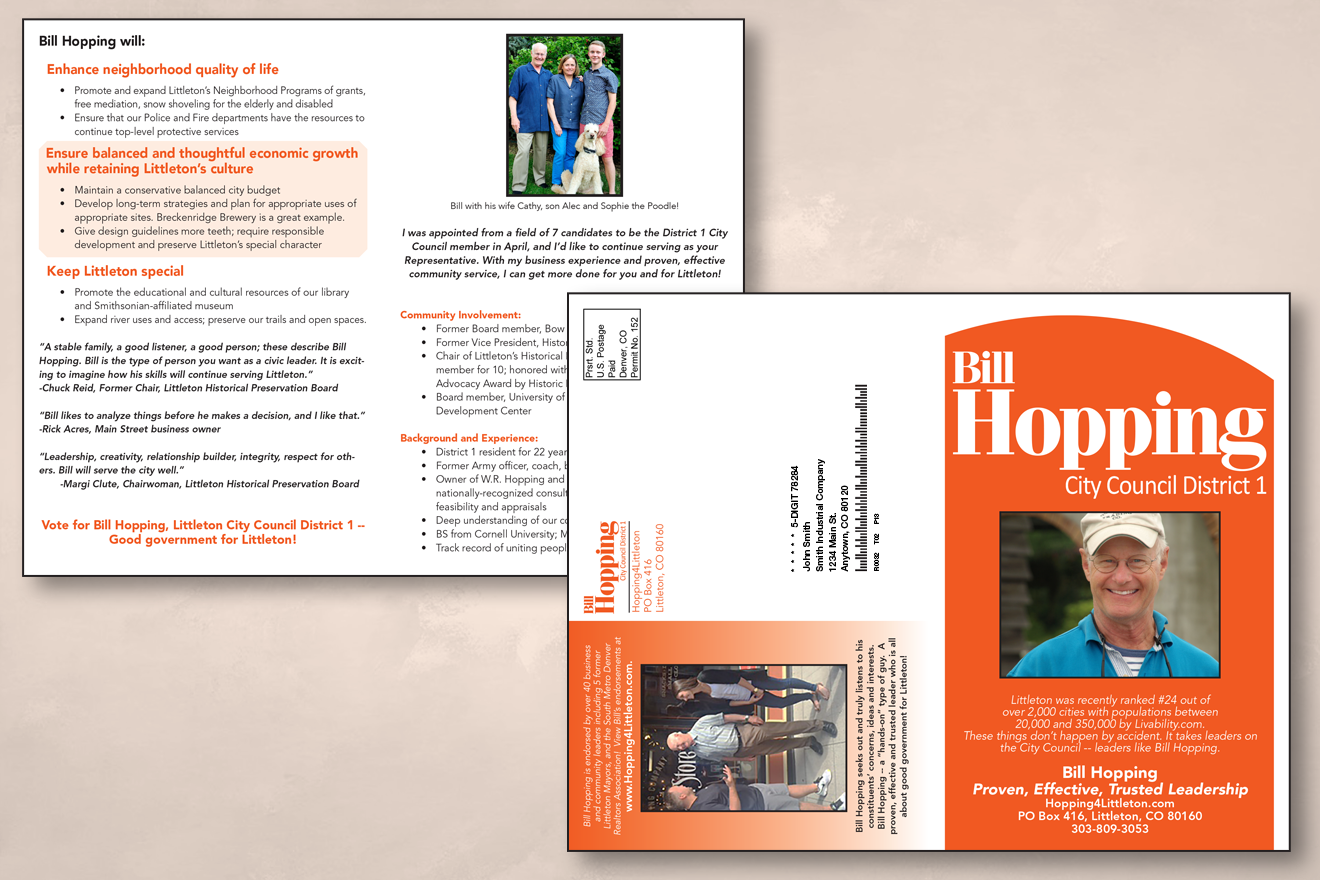 Fold over mailing brochure created for Hopping for Littleton City Council