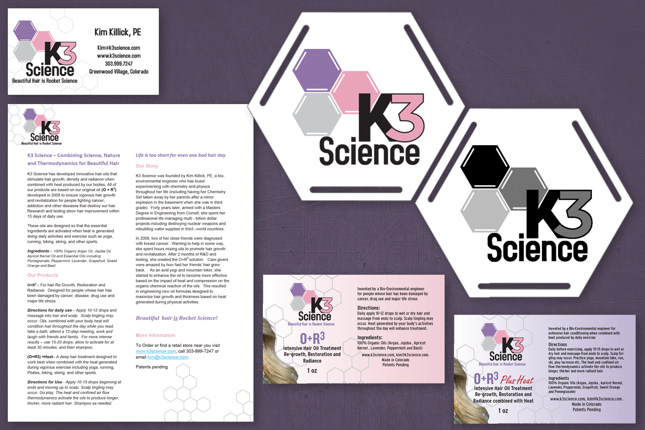 Identity package for K3 Science including a Business Card, One Sheet, and 2 label designs.