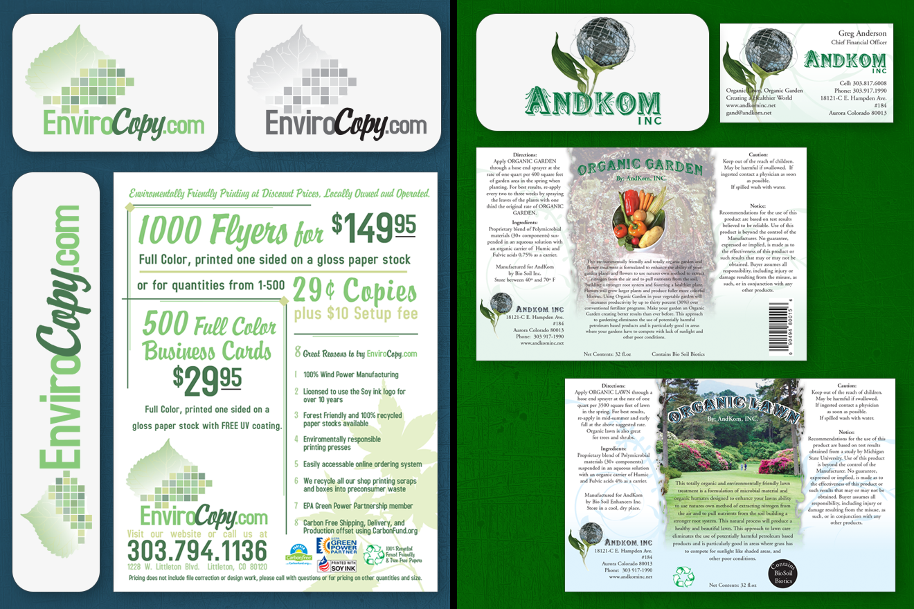logo and sales collateral for Envirocopy.com & Andkom inc.