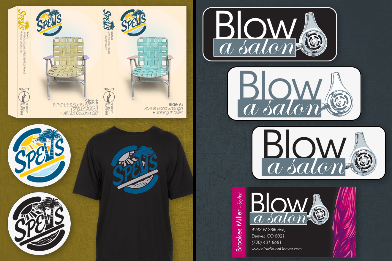 logo design for the Denver band SPELLS including a cassette sleeve an a T-shirt design.  A logo design for Blow:A Salon including a business card.