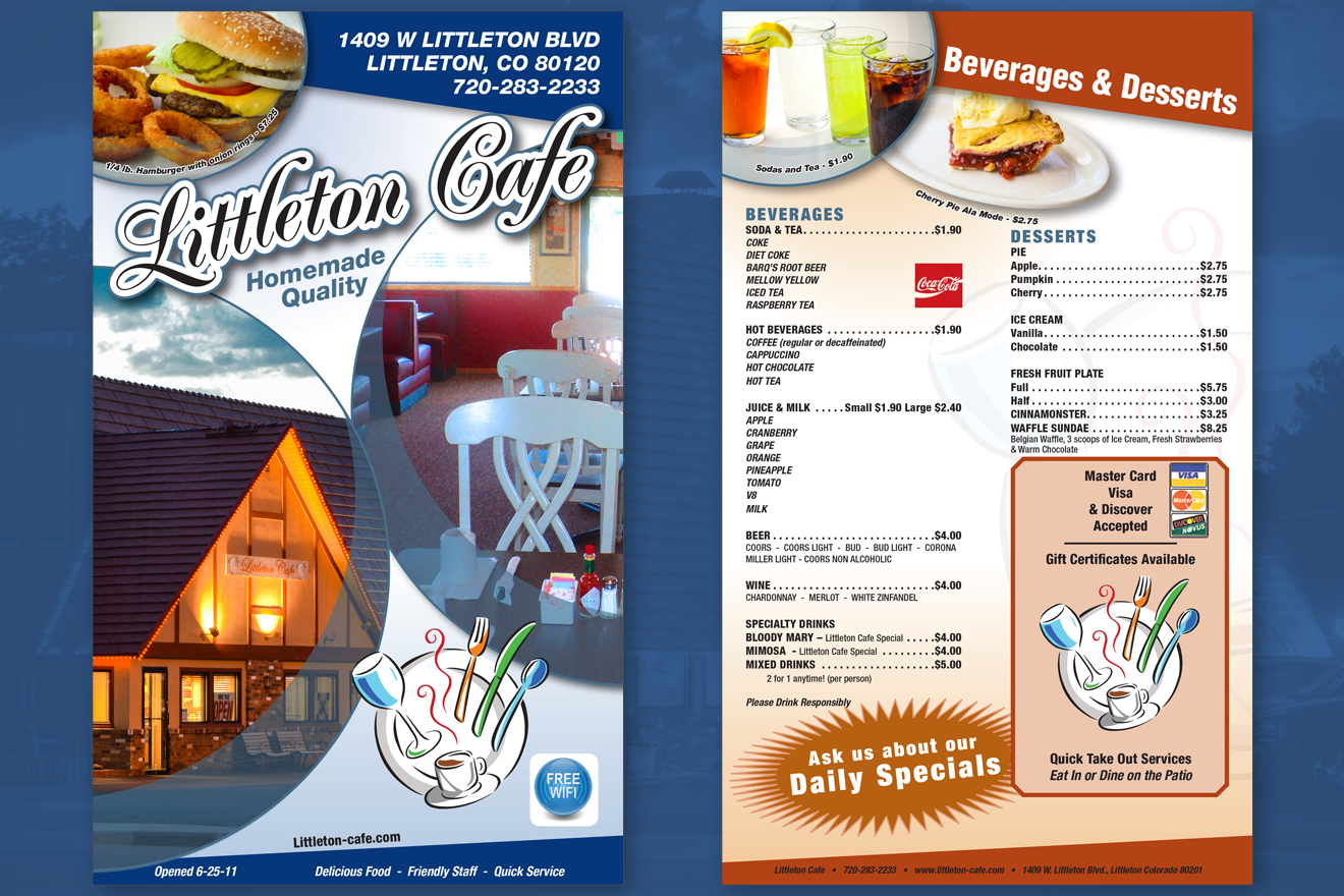 This image shows the front and back cover images for the Littleton Cafe's menu