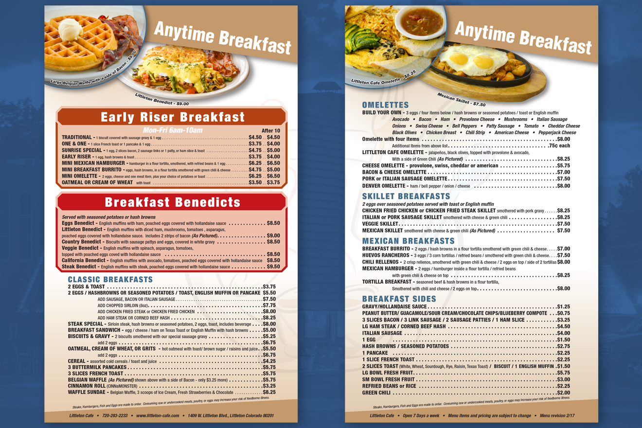 An image showing the 2 pages spanning the breakfast offerings for the Littleton Cafe's menu including photographs of several menu items.
