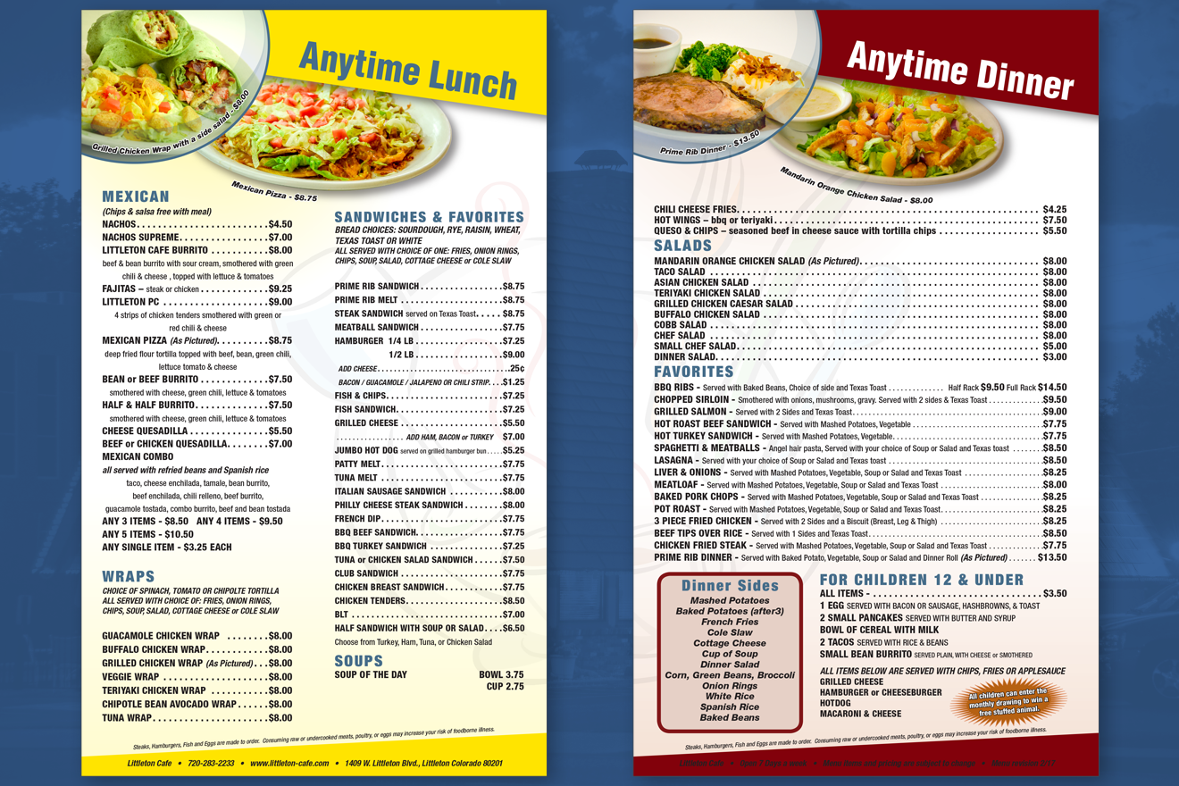 An image showing the lunch and dinner offerings for the Littleton Cafe's menu including photographs of several menu items.