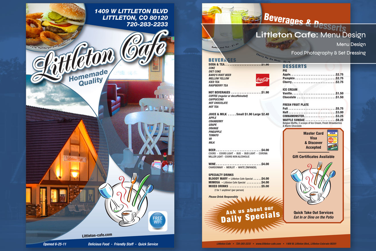 The cover image for the Littleton Cafe: Menu Design page.  The image is of the front and back cover of the menu with a bar describing what was done: Menu Design, Food Photography & Set Dressing