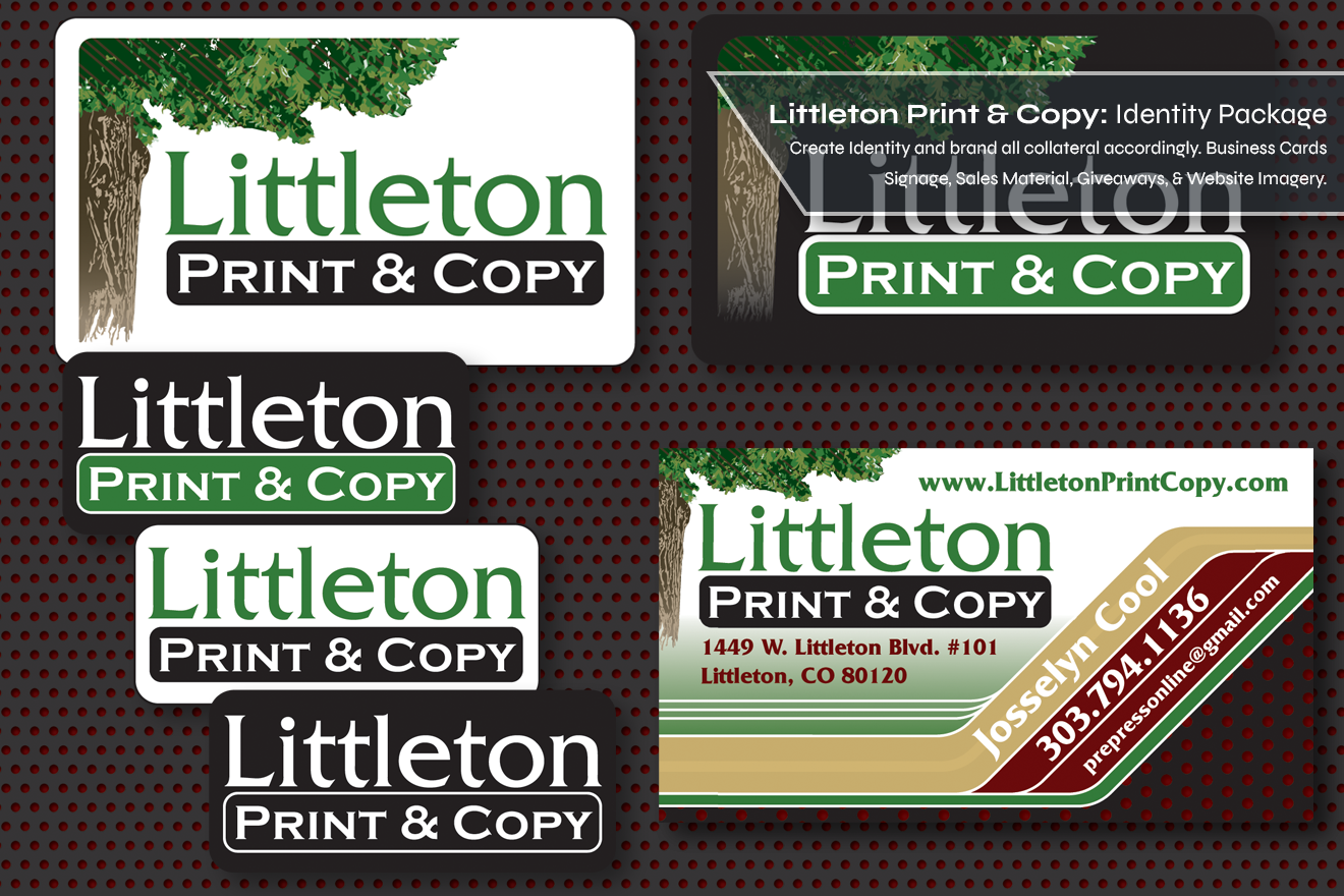 The cover image for the Littleton Print and Copy: Identity Package page.  The image is of the identity package and an example of the business card design with a bar describing what was done: Create Identity and brand all collateral accordingly, Business Cards, Signage, Sales Material, giveaways, & Website Imagery