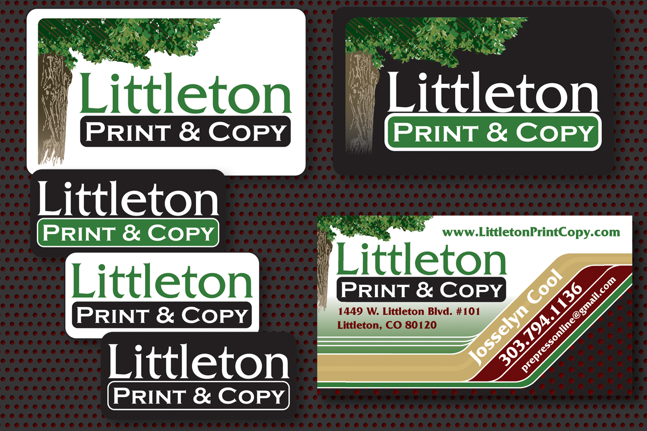 This image details the identity package and an example of the business card design for Littleton Print and Copy