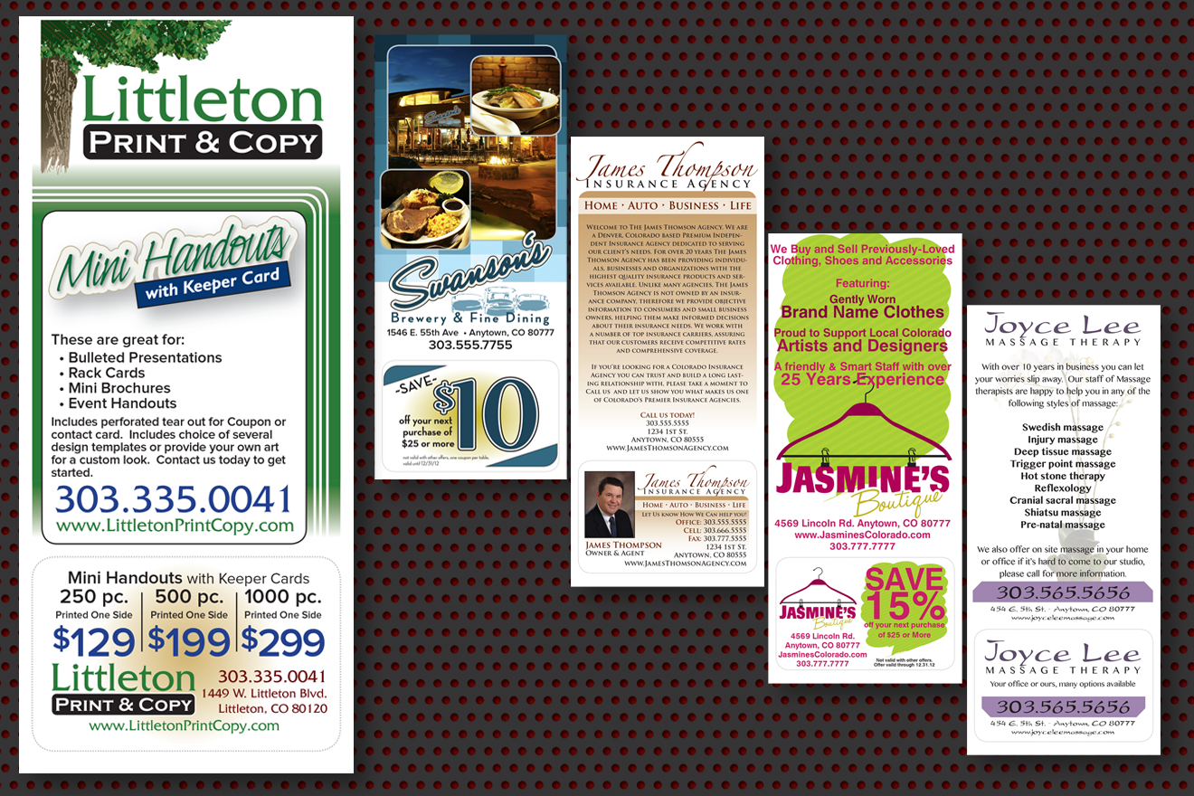 4 individual rack cards sized leave behind flyers featuring the fictional companies Swanson's Brewery and Fine Dining, James Thompson Insurance Agency, Jasmine's Boutique, and Joyce Lee Massage Therapy.
