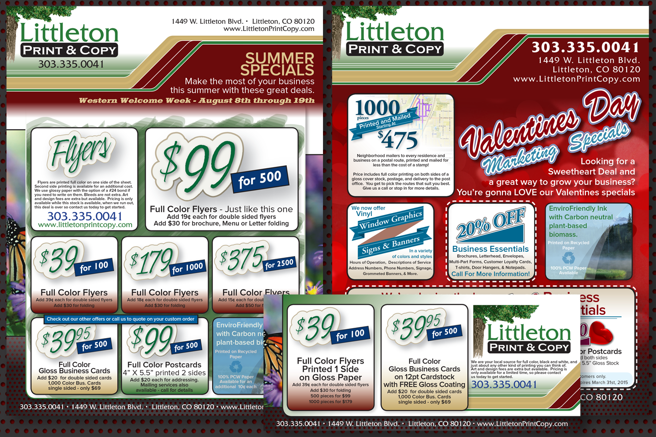 Two single sided flyers for Littleton Print and Copy offering current sales and coupons.