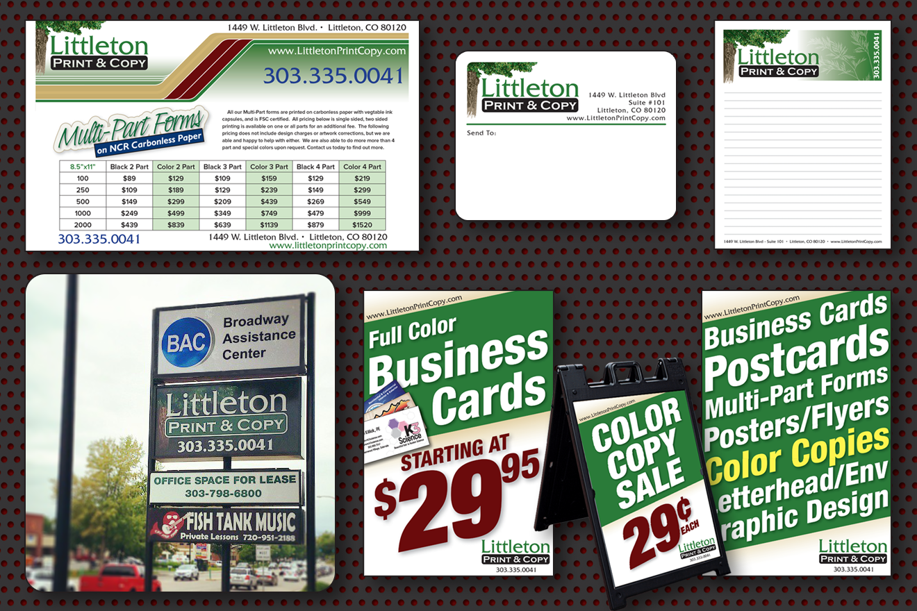 Various Littleton Print and Copy Collateral and signage
