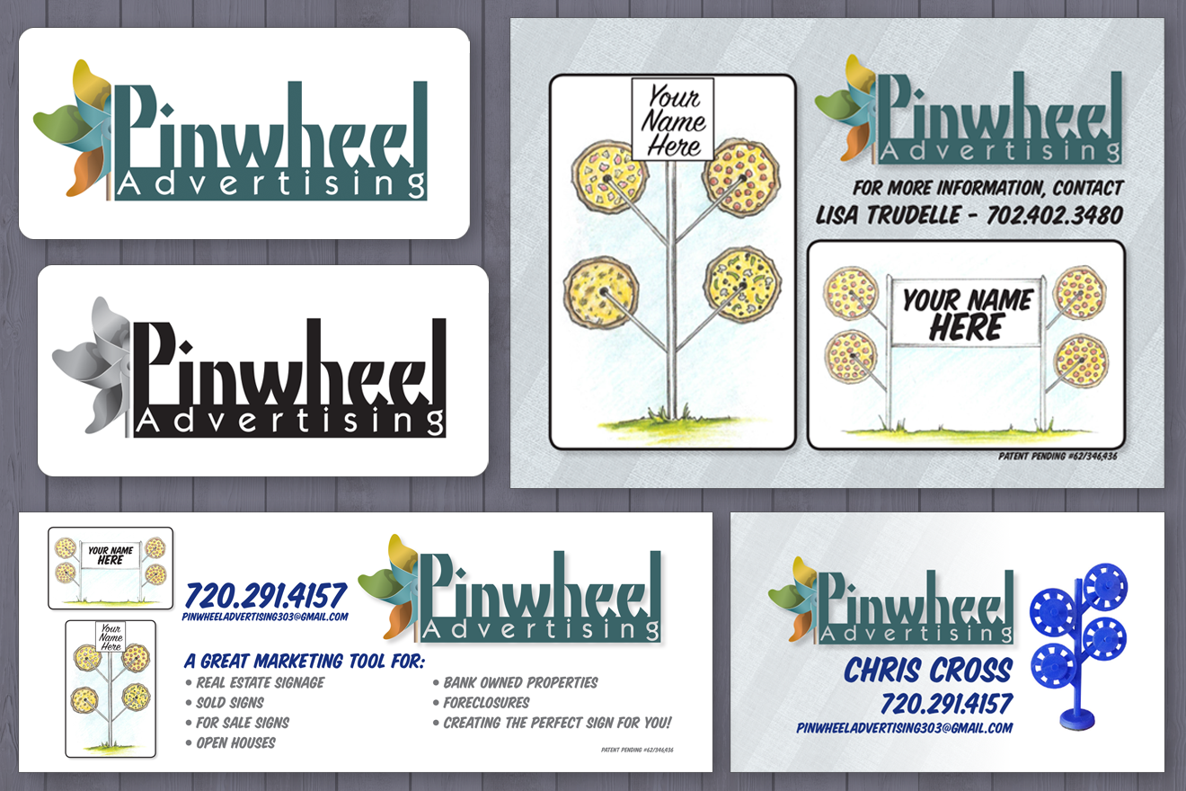 This image is of an identity package and several pieces of collateral for Pinwheel Advertising.