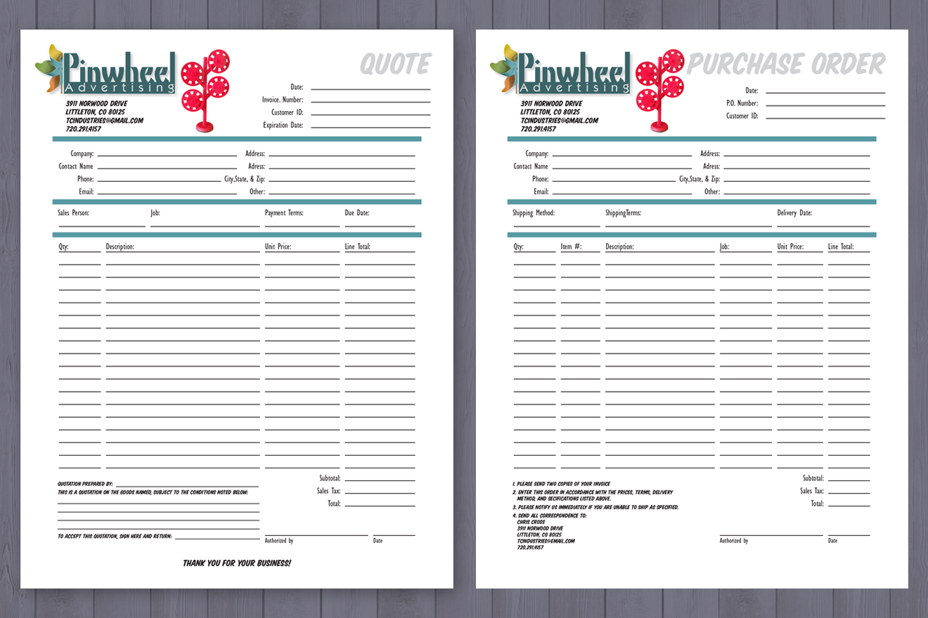 This image is of a purchase order and a quote sheet for Pinwheel Advertising.