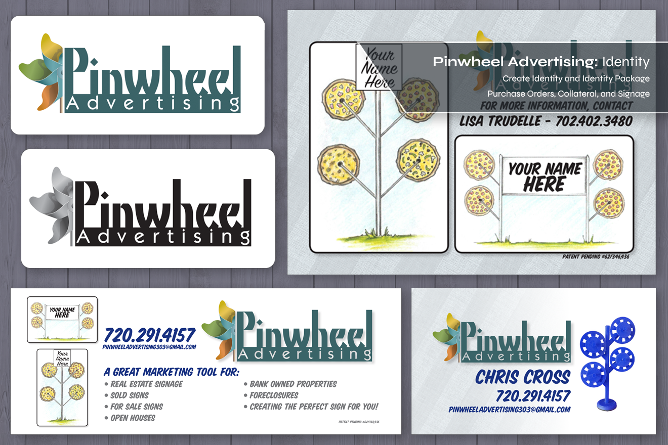 The cover image for the Pinwheel Advertising: Identity page.  The image is of the identity package and several pieces of collateral with a bar describing what was done: Create Identity and Identity Package, Purchase Orders, Collateral, and Signage