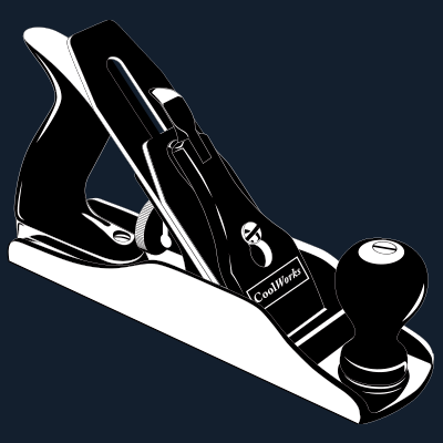 An original black and white technical illustration style drawing of a wood plane. This image links you to the Woodworking(Tangible) portfolio.