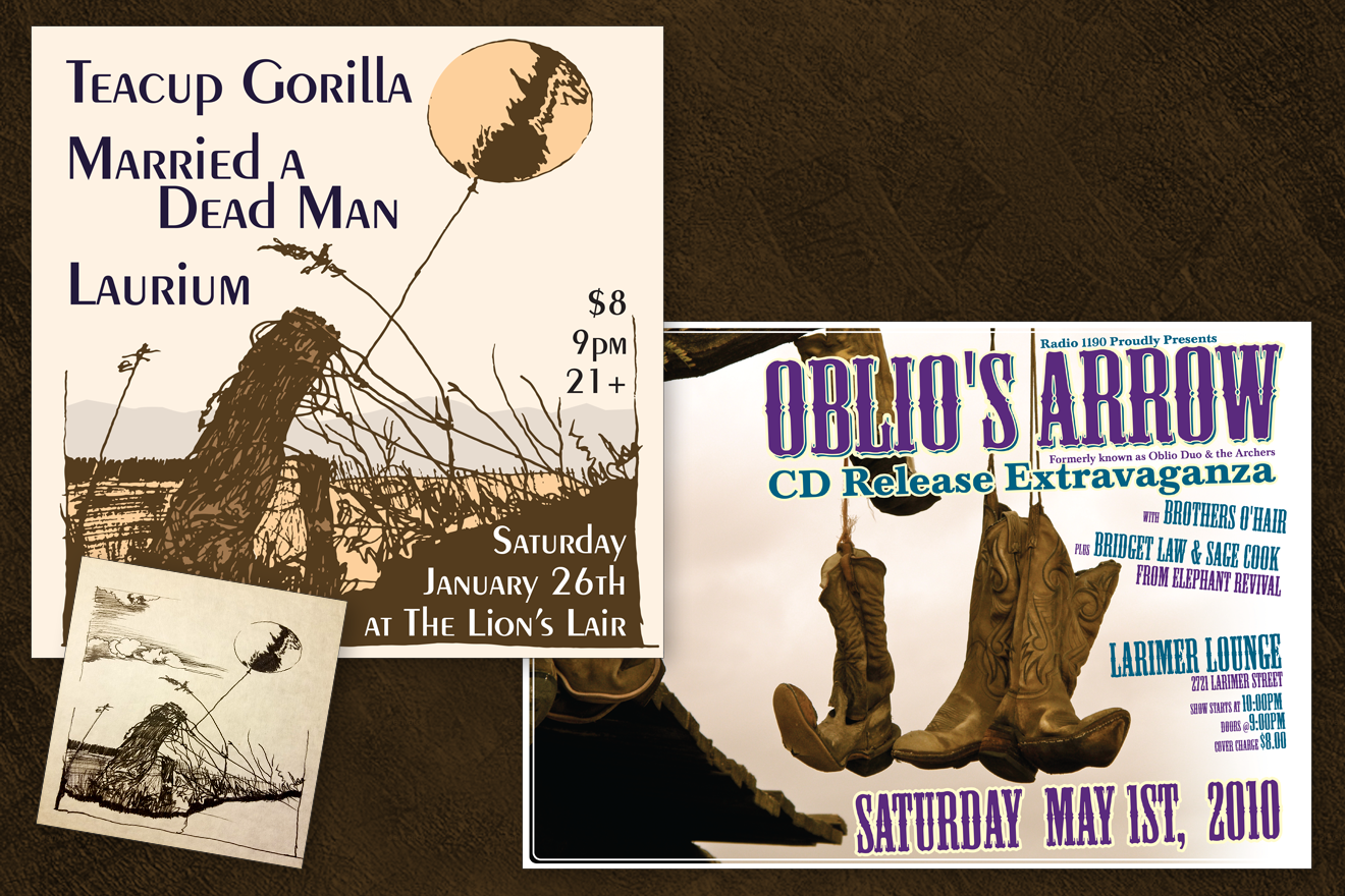 Concert Posters for Oblios Arrow(A photograph of boots hanging from an old beam) and Teacup Gorilla(an illustration of a balloon tied to a praire fencepost).  The original hand drawing for the Teacup Gorilla poster is shown as well.