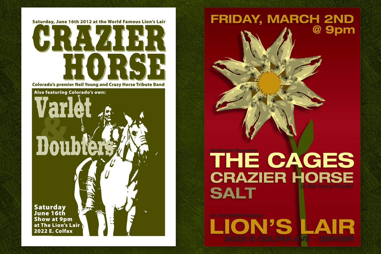 2 Crazier Horse concert posters.  One of an indigenous man sitting on a horse, and the other, a flower in which the petals are horse skulls.