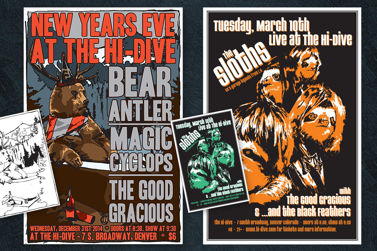 Concert posters for Bear Antler(an illustration of a bear with deer antlers sitting in a bathtub) and The Sloths (an illustration of The Stooges with sloth faces replacing the original band members faces).  