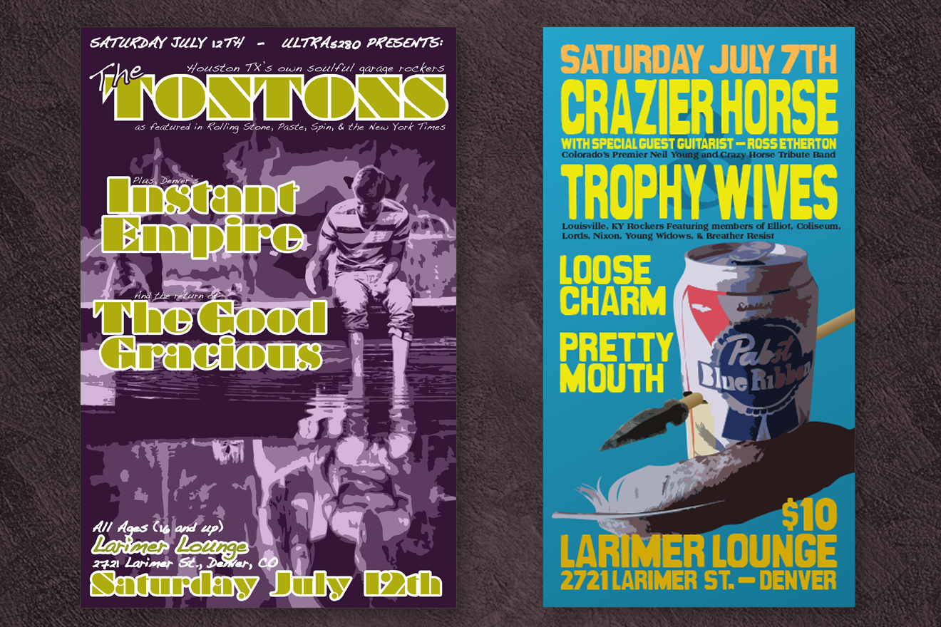 Concert posters for The Tontons(an illustration of a man sitting on a dock) and Crazier Horse(a can of Pabst Blue Ribbon beer with an arrow through it and a feather in front of it)
