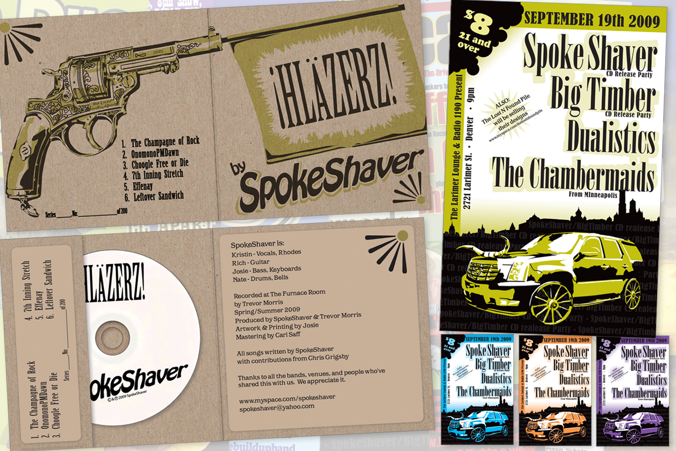 CD packaging design for SpokeShaver's CD-EP 'Hlazers" and a flyer for the release show