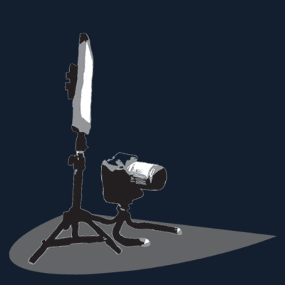 An original digitized pencil drawing of a DSLR video camera on a tripod and a key-light illuminating the tip of it's lens.  This image links you to the the Video (Motion) portfolio page.