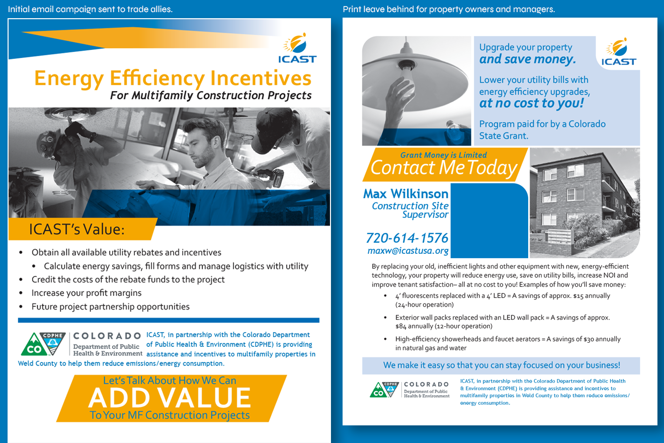 2 ICAST branded emails for the Weld County CDPHE campaign on a blue background.