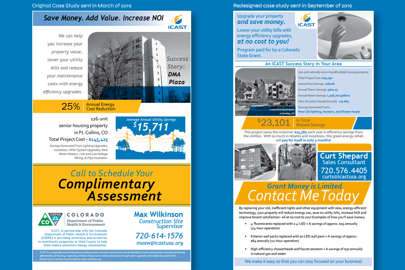 2 ICAST branded emails for the Weld County CDPHE campaign  featuring case studies in the area, on a blue background.