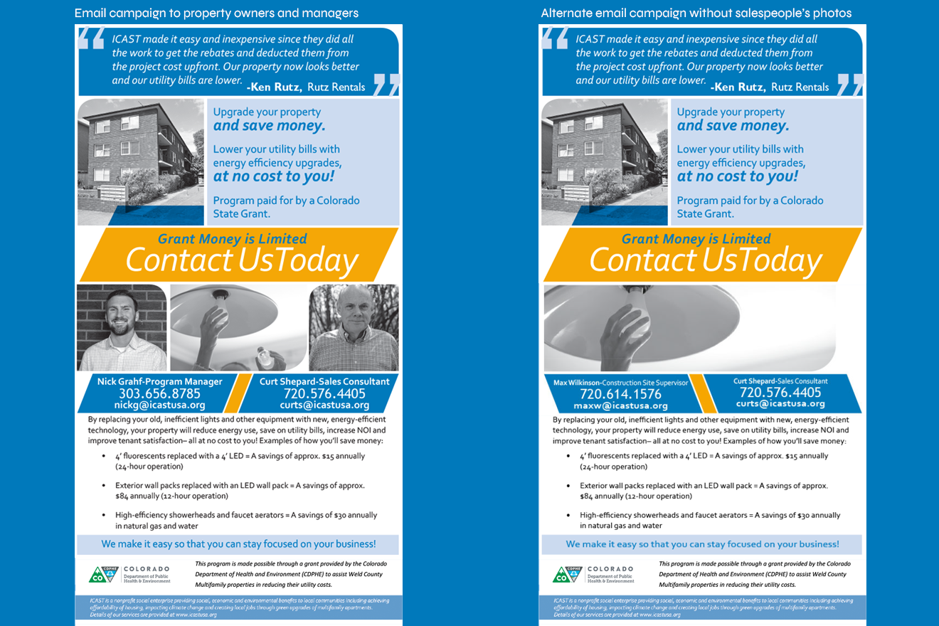 2 ICAST branded emails for the Weld County CDPHE campaign with and without photographs of the sales people on a blue background.