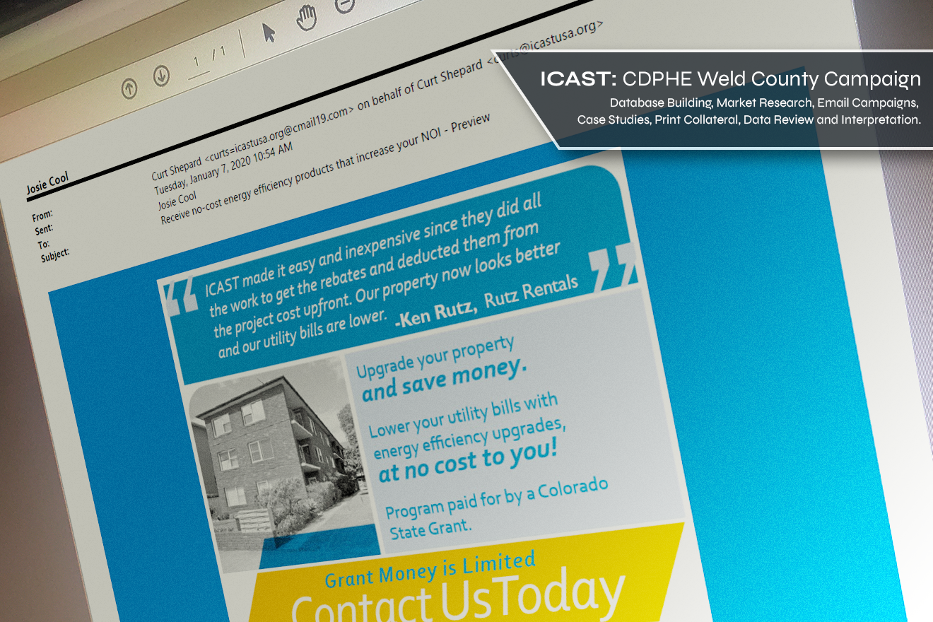 The cover image for the ICAST: CDPHE Weld County Campaign.  The image is of an email that is part of the campaign with a bar describing what was done: Database Building, Market Research, Email Campaigns, Case Studies, Print Collateral, Data Review, and Interpretation.